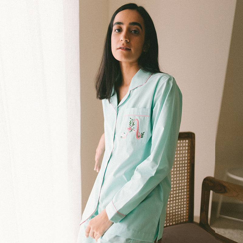 Mist Calligraph Embroidered Women Cotton Notched Pyjama Set