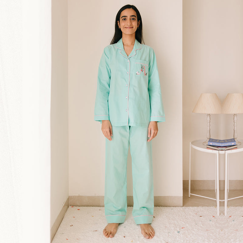 Mist Calligraph Embroidered Women Cotton Notched Pyjama Set