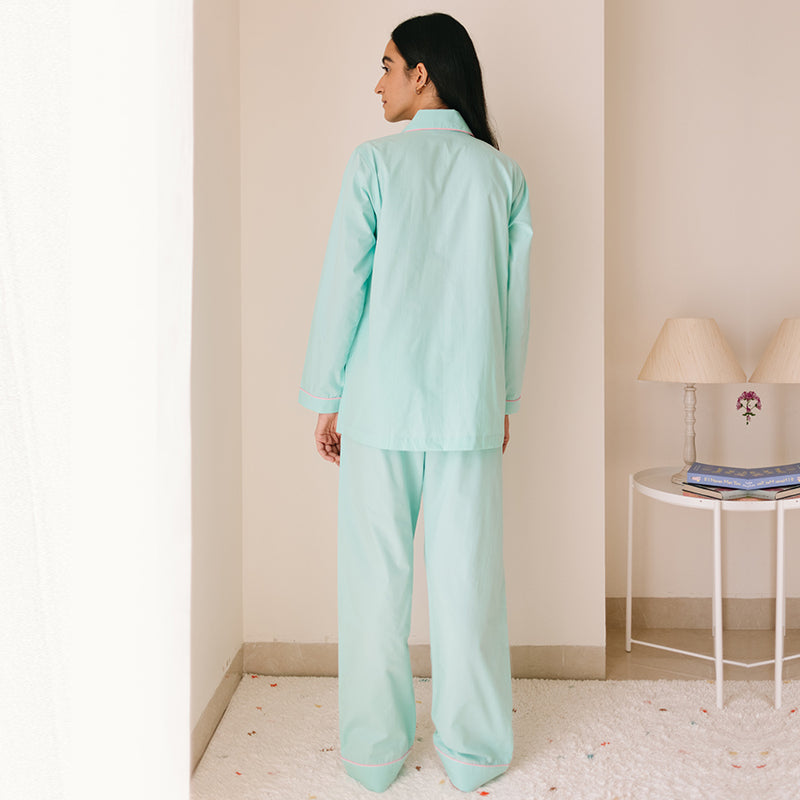 Mist Calligraph Embroidered Women Cotton Notched Pyjama Set