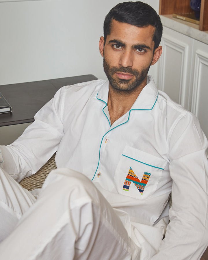 Frost White Letterology Cotton Notched Pyjama Set For Men's